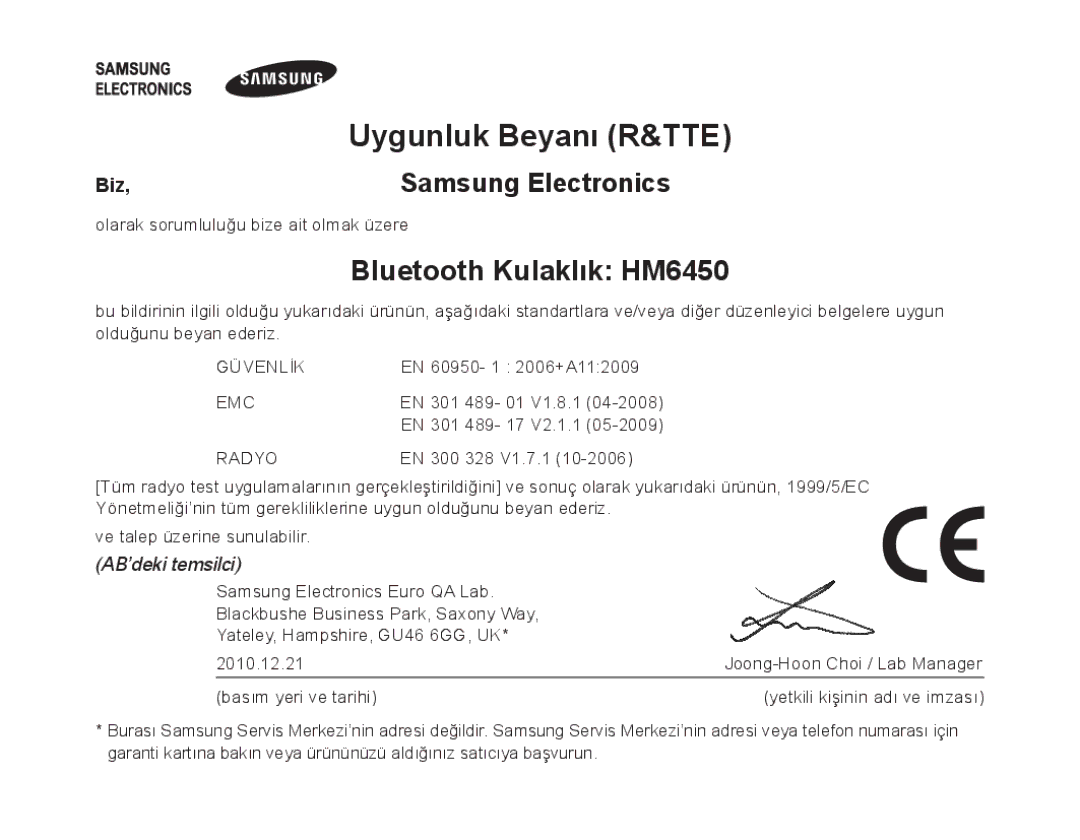 Samsung BHM6450EMEGHAT, BHM6450EMEGXET, BHM6450EMEGXEH manual Uygunluk Beyanı R&TTE, Bluetooth Kulaklık HM6450 