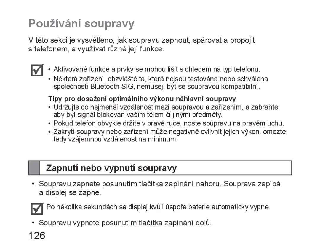 Samsung BHM6450EMEGHAT, BHM6450EMEGXET, BHM6450EMEGXEH manual 126, Zapnutí nebo vypnutí soupravy 