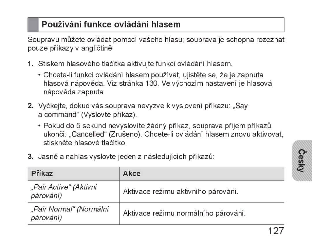 Samsung BHM6450EMEGXET, BHM6450EMEGXEH, BHM6450EMEGHAT manual 127, Používání funkce ovládání hlasem, Příkaz Akce 