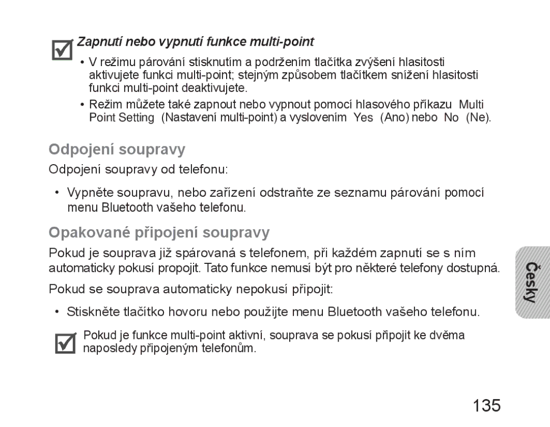 Samsung BHM6450EMEGHAT manual 135, Odpojení soupravy, Opakované připojení soupravy, Zapnutí nebo vypnutí funkce multi-point 