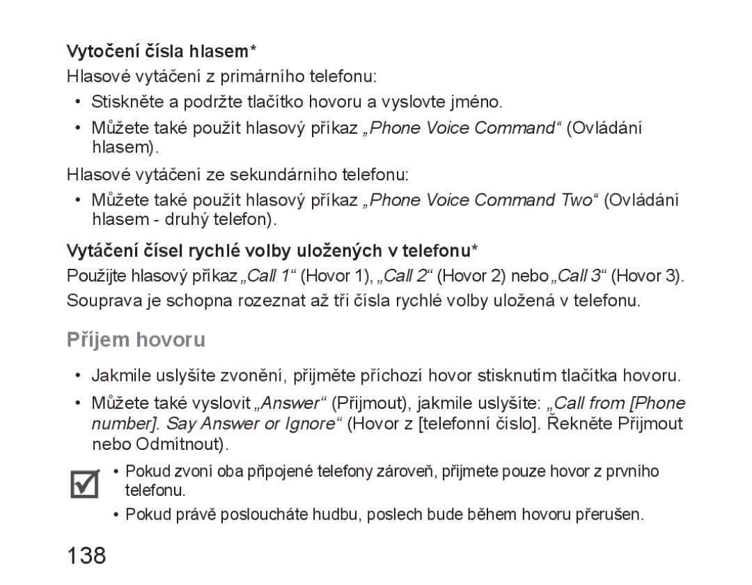 Samsung BHM6450EMEGHAT manual 138, Příjem hovoru, Vytočení čísla hlasem, Vytáčení čísel rychlé volby uložených v telefonu 