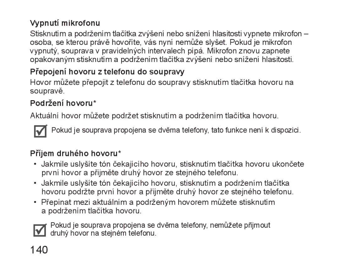 Samsung BHM6450EMEGXEH, BHM6450EMEGXET 140, Vypnutí mikrofonu, Přepojení hovoru z telefonu do soupravy, Podržení hovoru 