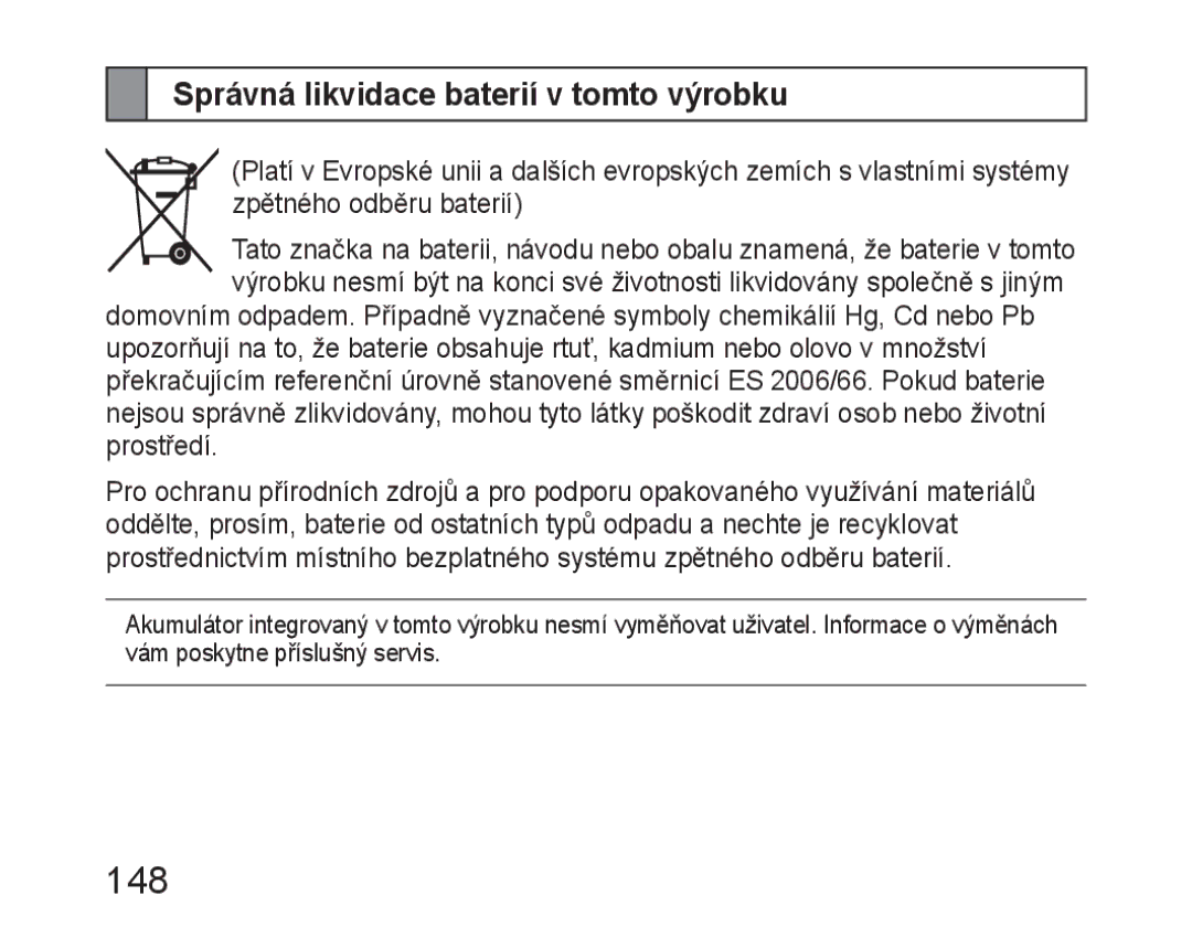 Samsung BHM6450EMEGXET, BHM6450EMEGXEH, BHM6450EMEGHAT manual 148, Správná likvidace baterií v tomto výrobku 