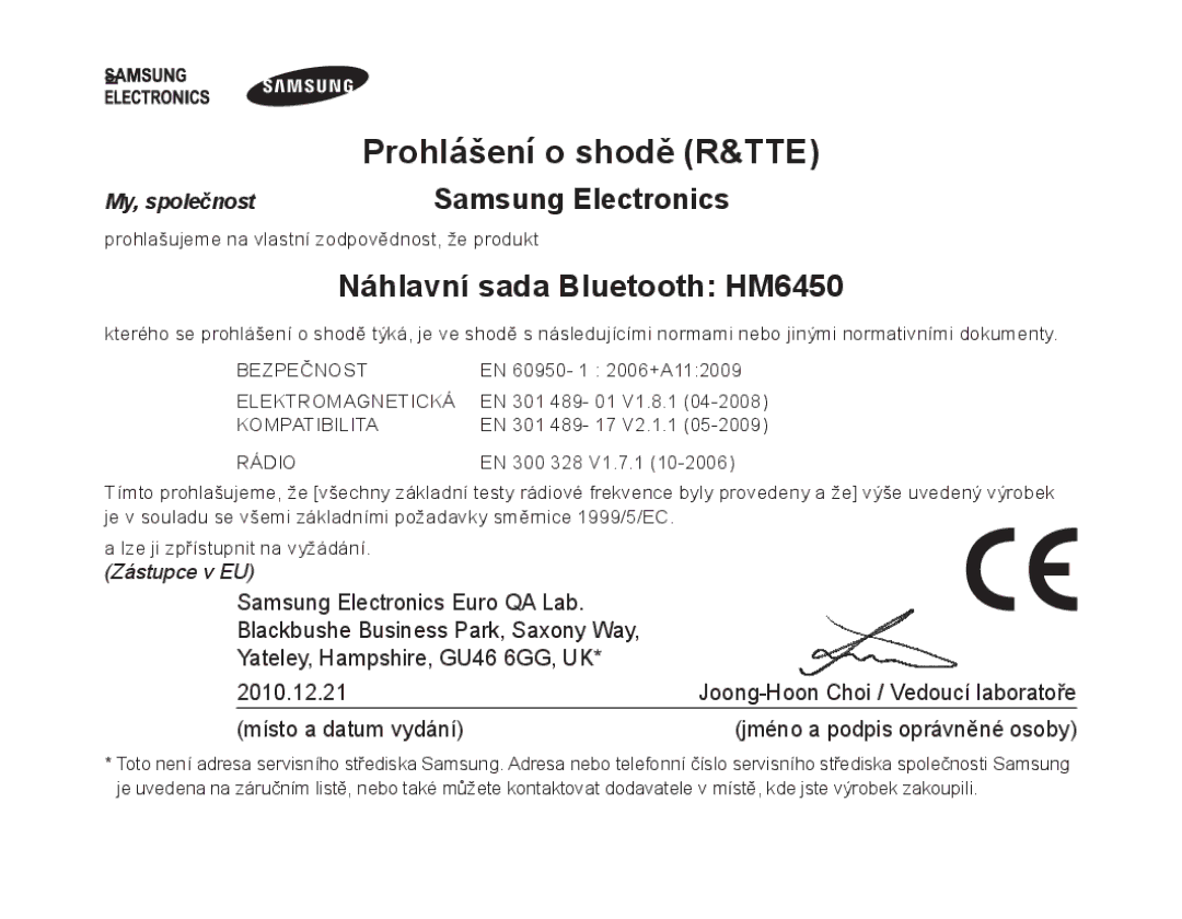 Samsung BHM6450EMEGHAT, BHM6450EMEGXET, BHM6450EMEGXEH manual Náhlavní sada Bluetooth HM6450, Samsung Electronics 