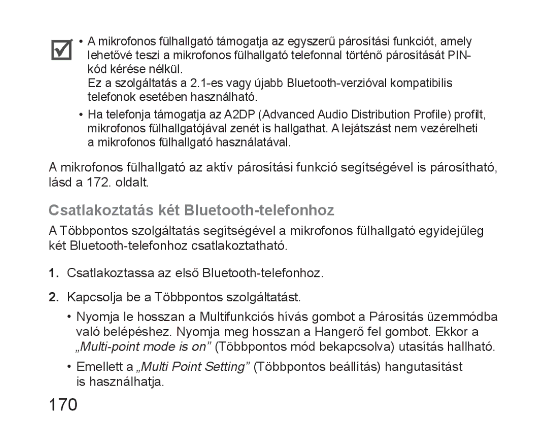 Samsung BHM6450EMEGXEH, BHM6450EMEGXET, BHM6450EMEGHAT manual 170, Csatlakoztatás két Bluetooth-telefonhoz 