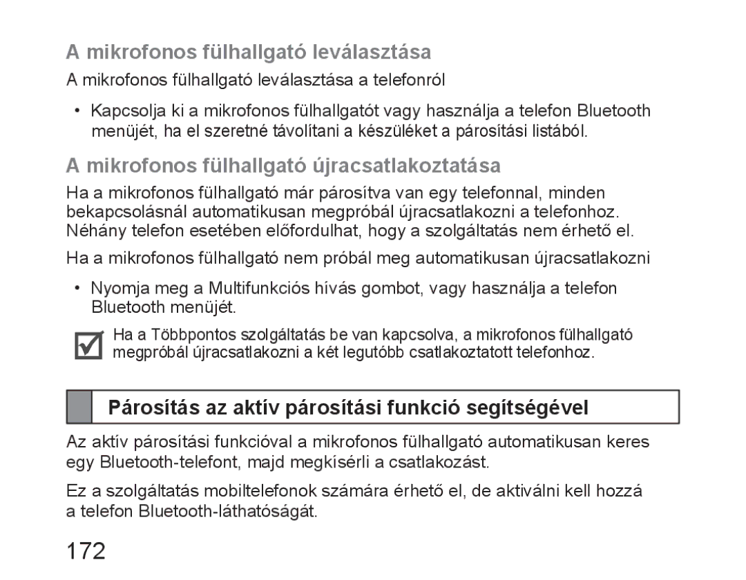 Samsung BHM6450EMEGXET manual 172, Mikrofonos fülhallgató leválasztása, Mikrofonos fülhallgató újracsatlakoztatása 