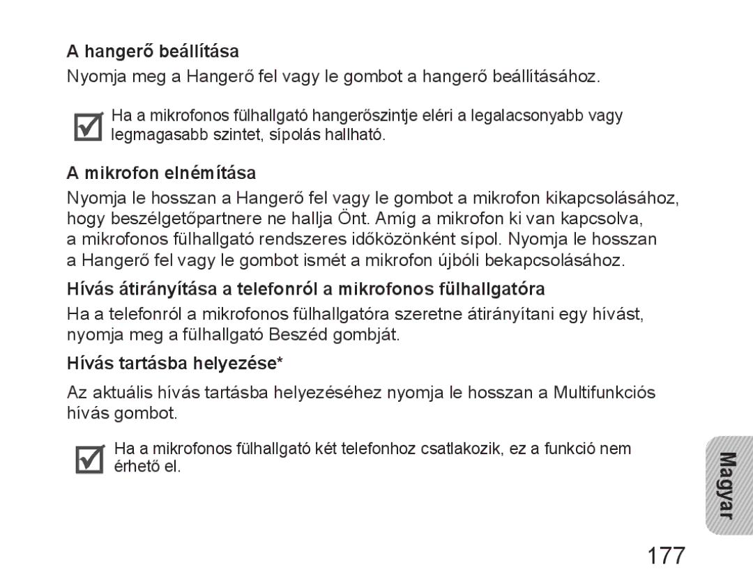 Samsung BHM6450EMEGHAT, BHM6450EMEGXET manual 177, Hangerő beállítása, Mikrofon elnémítása, Hívás tartásba helyezése 