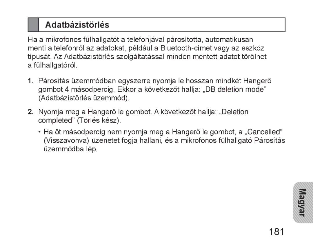 Samsung BHM6450EMEGXET, BHM6450EMEGXEH, BHM6450EMEGHAT manual 181, Adatbázistörlés 