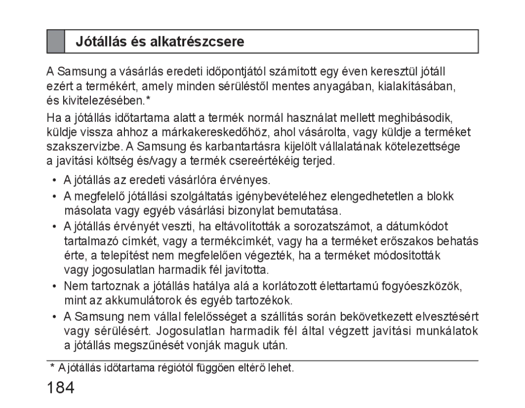 Samsung BHM6450EMEGXET, BHM6450EMEGXEH, BHM6450EMEGHAT manual 184, Jótállás és alkatrészcsere 