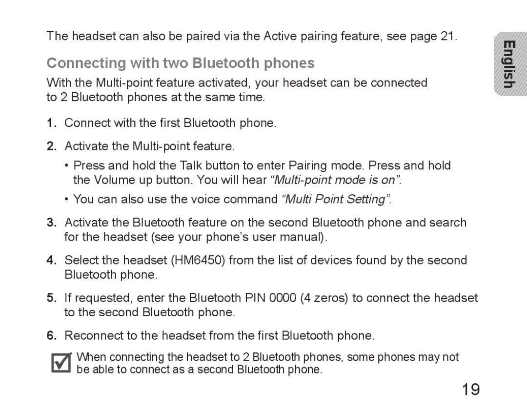 Samsung BHM6450EMEGXET, BHM6450EMEGXEH, BHM6450EMEGHAT manual Connecting with two Bluetooth phones 