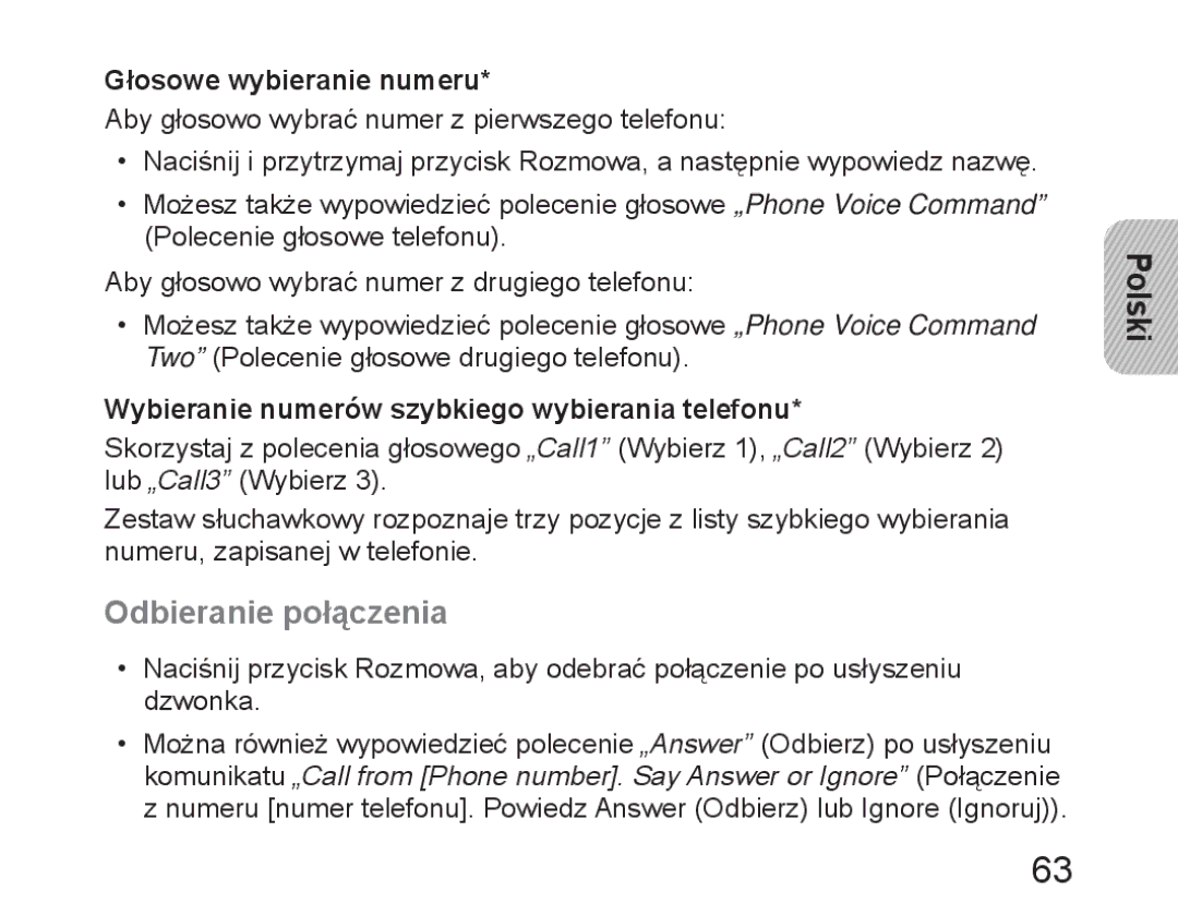 Samsung BHM6450EMEGHAT Odbieranie połączenia, Głosowe wybieranie numeru, Wybieranie numerów szybkiego wybierania telefonu 