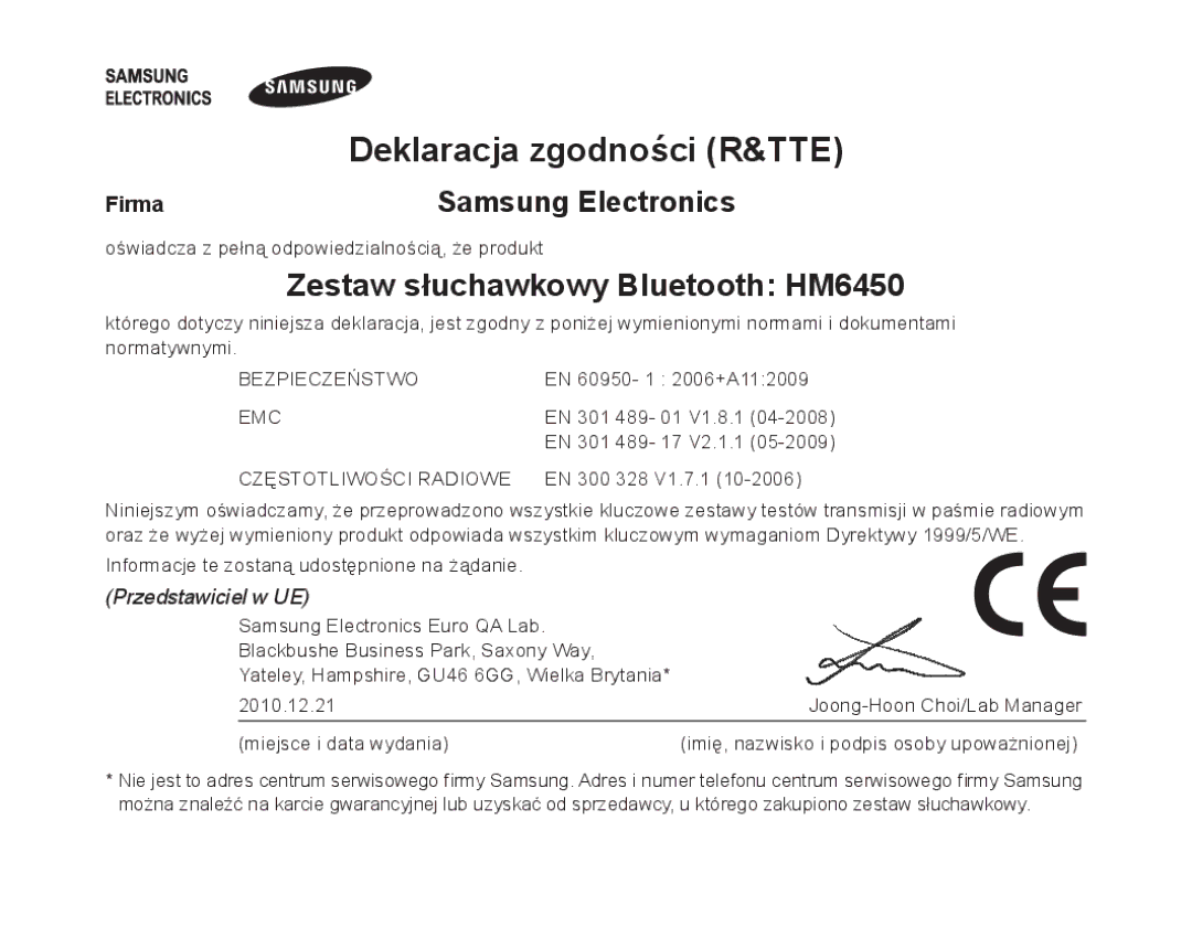 Samsung BHM6450EMEGHAT, BHM6450EMEGXET, BHM6450EMEGXEH manual Deklaracja zgodności R&TTE, Zestaw słuchawkowy Bluetooth HM6450 