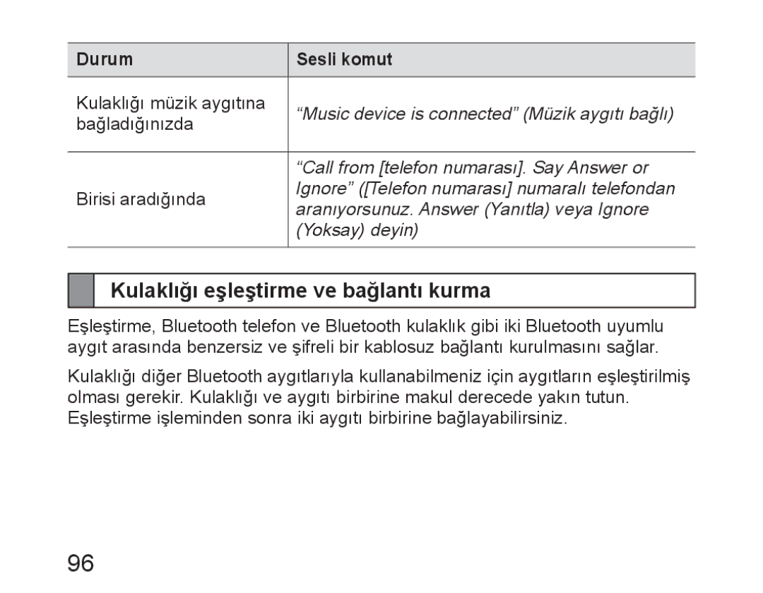 Samsung BHM6450EMEGHAT, BHM6450EMEGXET, BHM6450EMEGXEH manual Kulaklığı eşleştirme ve bağlantı kurma, Durum Sesli komut 