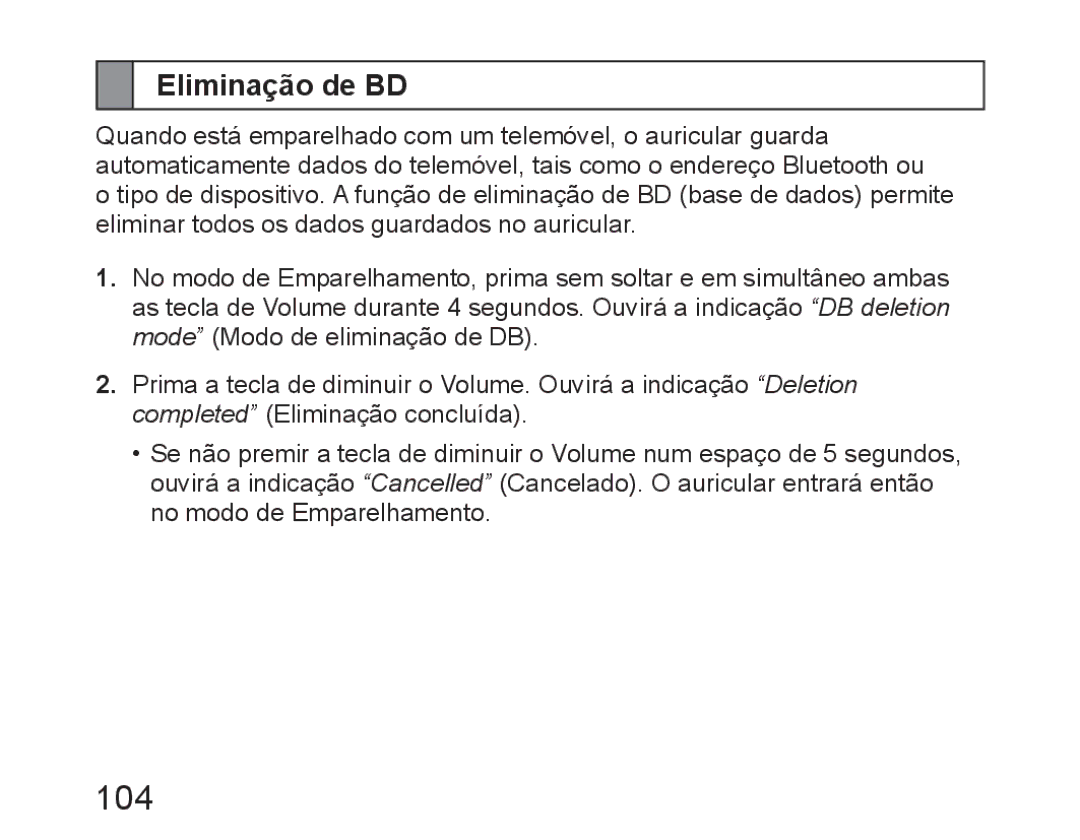 Samsung BHM6450EMEGXEH, BHM6450EMEGXET, BHM6450EMEGHAT manual 104, Eliminação de BD 