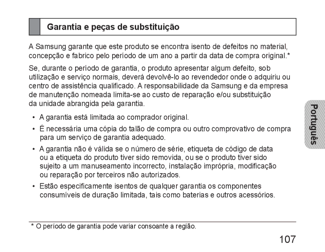 Samsung BHM6450EMEGXEH, BHM6450EMEGXET, BHM6450EMEGHAT manual 107, Garantia e peças de substituição 