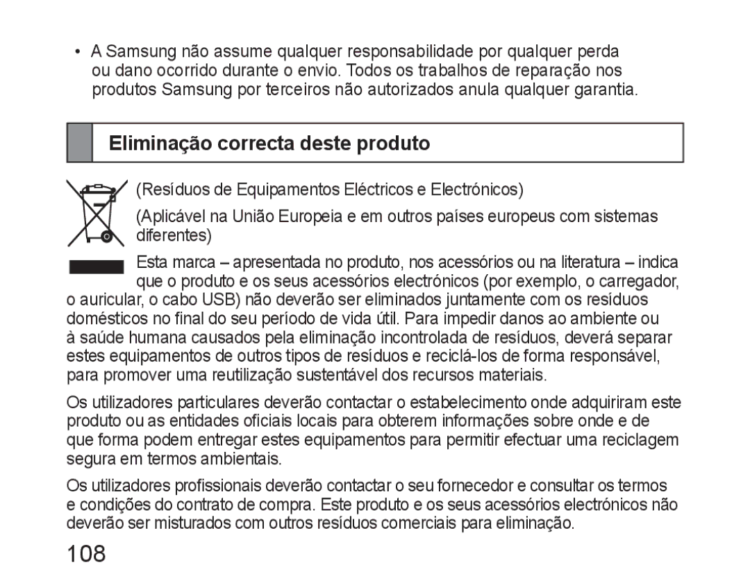 Samsung BHM6450EMEGHAT, BHM6450EMEGXET, BHM6450EMEGXEH manual 108, Eliminação correcta deste produto 