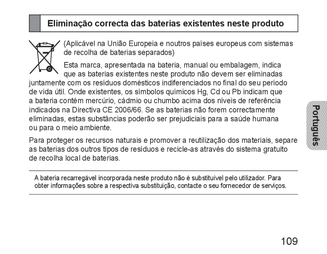 Samsung BHM6450EMEGXET, BHM6450EMEGXEH, BHM6450EMEGHAT manual 109, Eliminação correcta das baterias existentes neste produto 