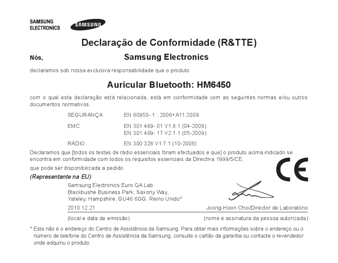 Samsung BHM6450EMEGHAT, BHM6450EMEGXET, BHM6450EMEGXEH manual Declaração de Conformidade R&TTE, Rádio 