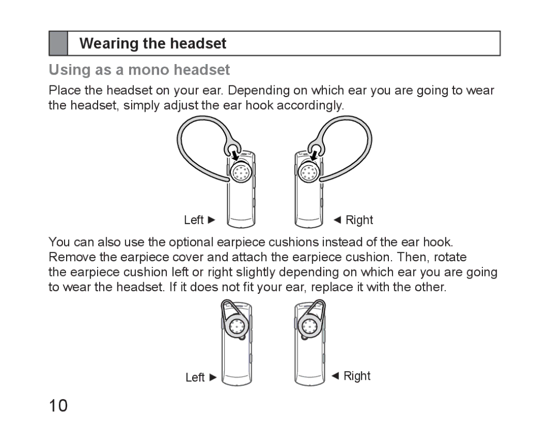 Samsung BHM6450EMEGXET, BHM6450EMEGXEH, BHM6450EMEGHAT manual Wearing the headset, Using as a mono headset 