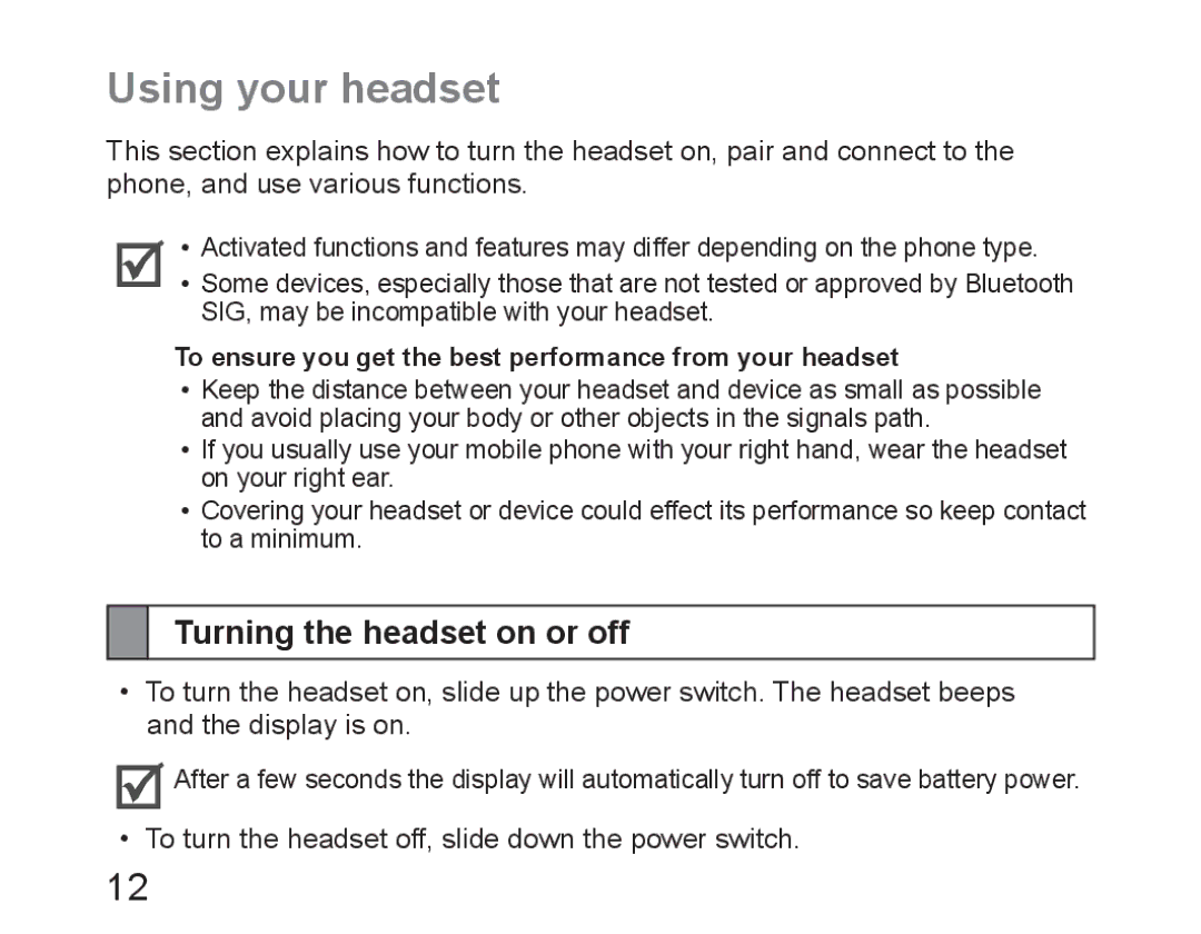 Samsung BHM6450EMEGHAT, BHM6450EMEGXET, BHM6450EMEGXEH manual Using your headset, Turning the headset on or off 