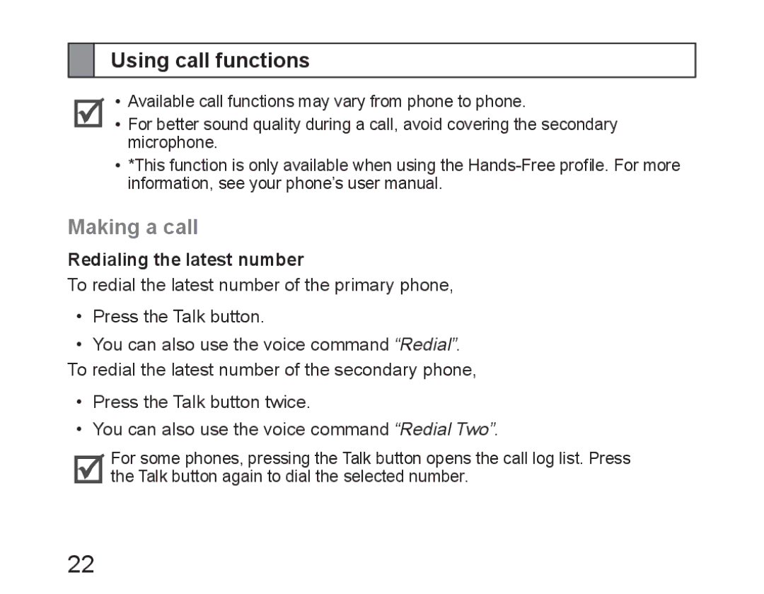 Samsung BHM6450EMEGXET, BHM6450EMEGXEH, BHM6450EMEGHAT Using call functions, Making a call, Redialing the latest number 