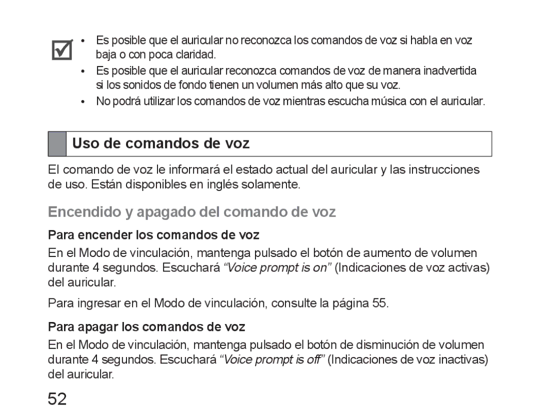 Samsung BHM6450EMEGXET Uso de comandos de voz, Encendido y apagado del comando de voz, Para encender los comandos de voz 