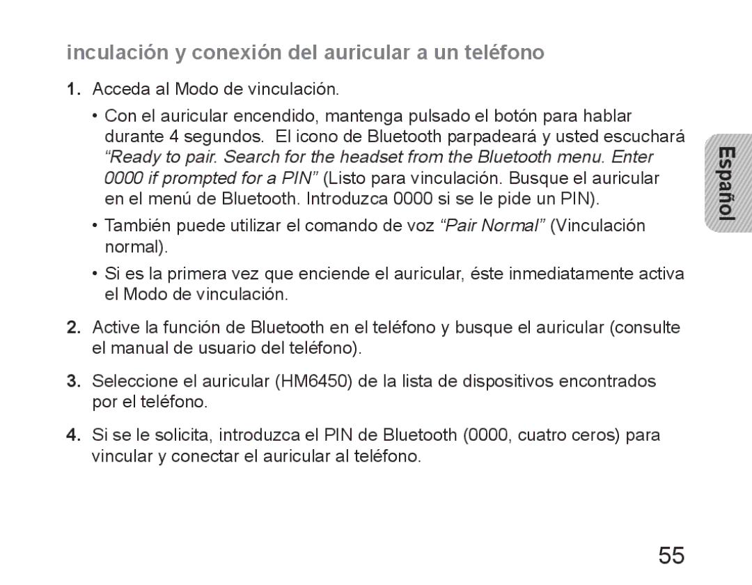 Samsung BHM6450EMEGXET, BHM6450EMEGXEH, BHM6450EMEGHAT manual Inculación y conexión del auricular a un teléfono 