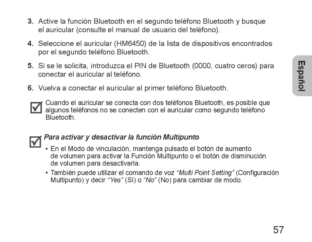 Samsung BHM6450EMEGHAT, BHM6450EMEGXET, BHM6450EMEGXEH manual Para activar y desactivar la función Multipunto 