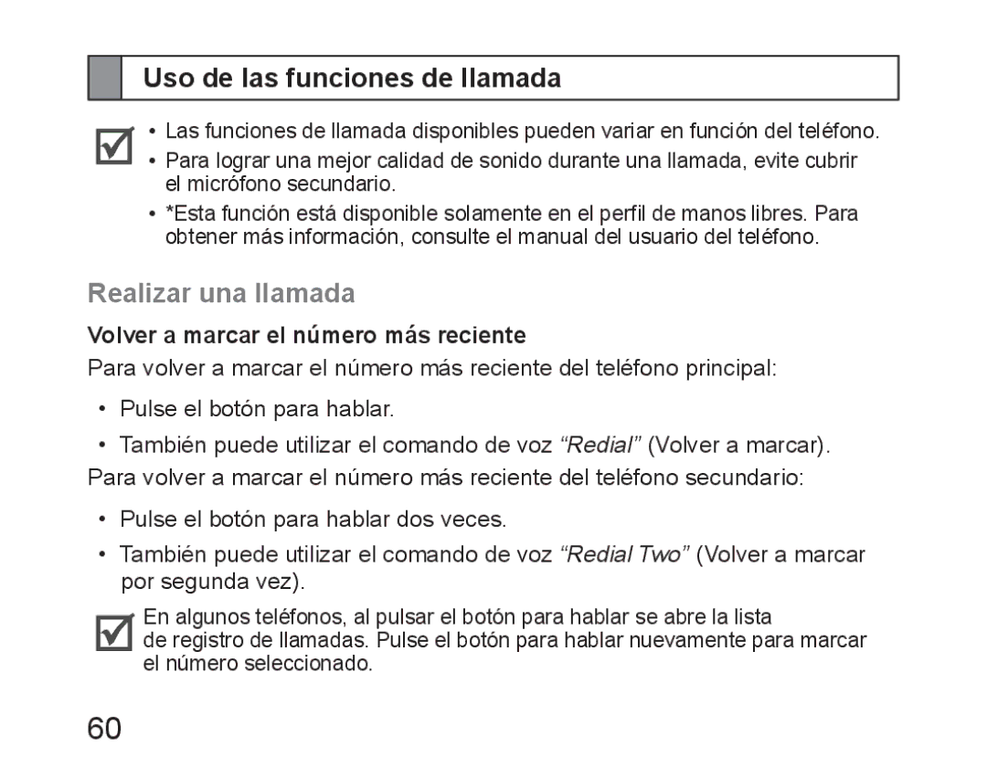 Samsung BHM6450EMEGHAT manual Uso de las funciones de llamada, Realizar una llamada, Volver a marcar el número más reciente 