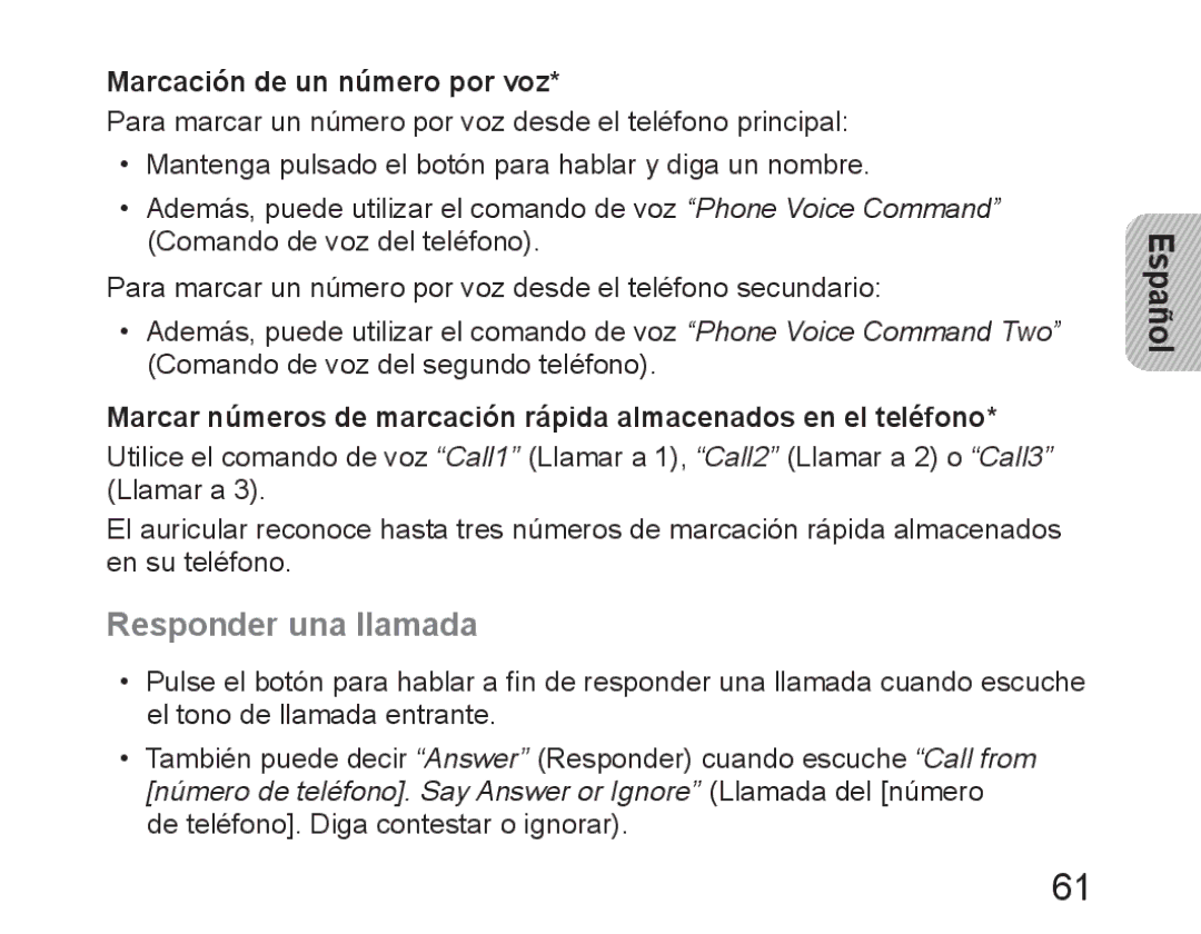 Samsung BHM6450EMEGXET, BHM6450EMEGXEH, BHM6450EMEGHAT manual Responder una llamada, Marcación de un número por voz 