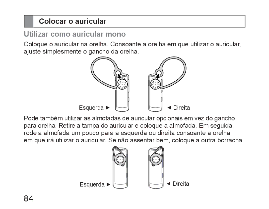 Samsung BHM6450EMEGHAT, BHM6450EMEGXET, BHM6450EMEGXEH manual Colocar o auricular, Utilizar como auricular mono 