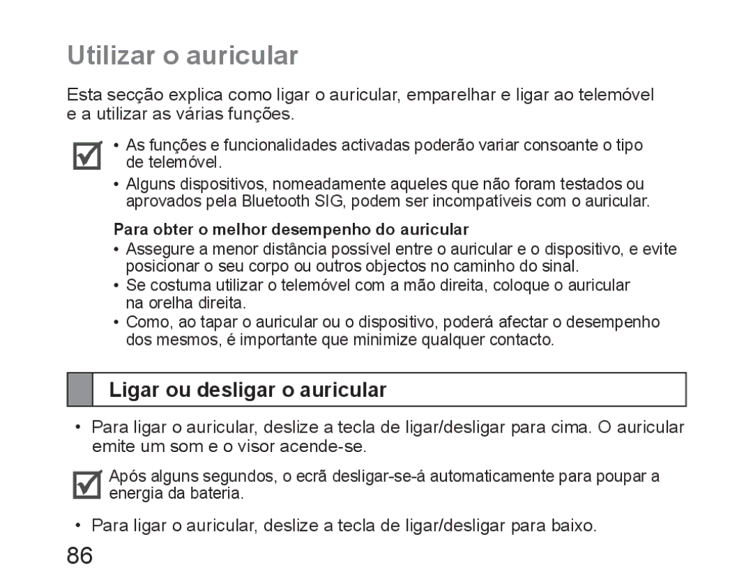 Samsung BHM6450EMEGXEH, BHM6450EMEGXET, BHM6450EMEGHAT manual Utilizar o auricular, Ligar ou desligar o auricular 