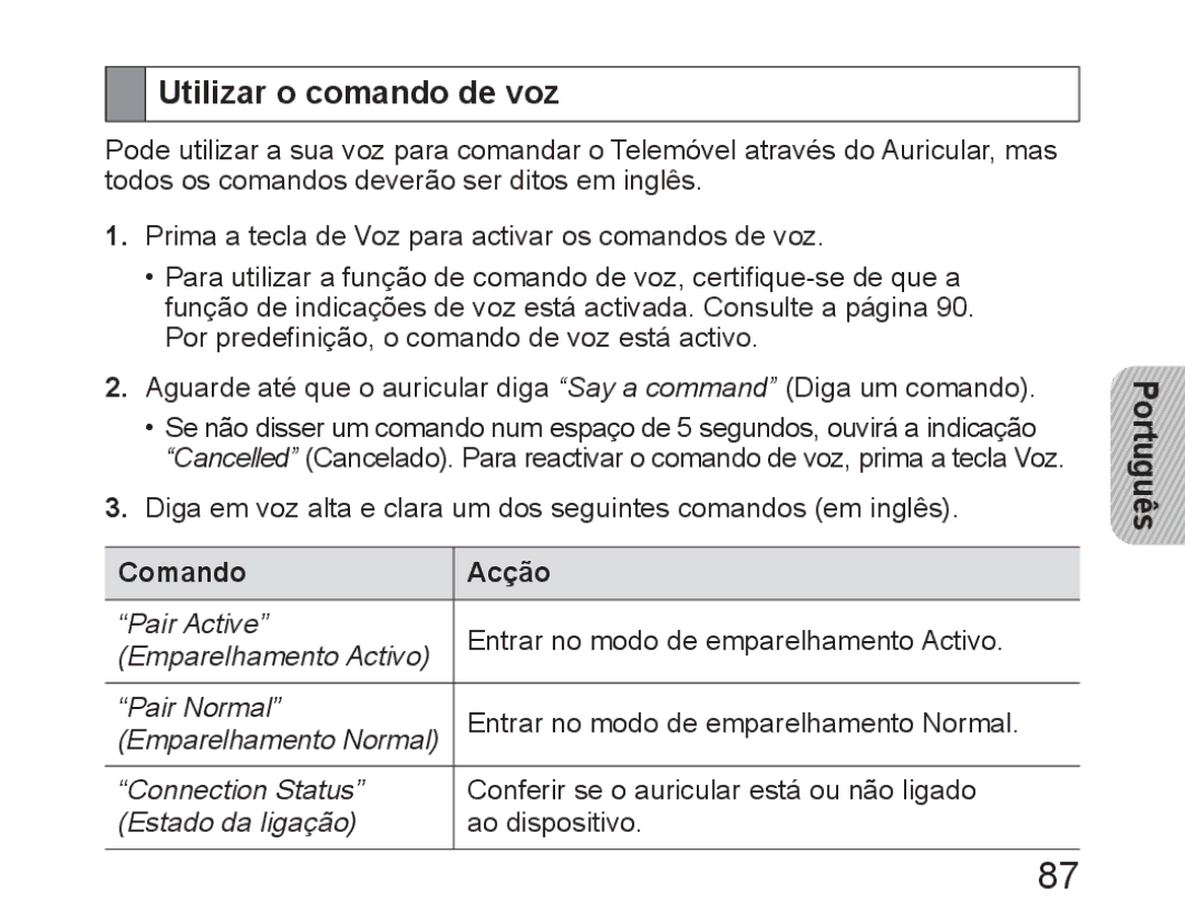 Samsung BHM6450EMEGHAT, BHM6450EMEGXET, BHM6450EMEGXEH manual Utilizar o comando de voz, Comando Acção 