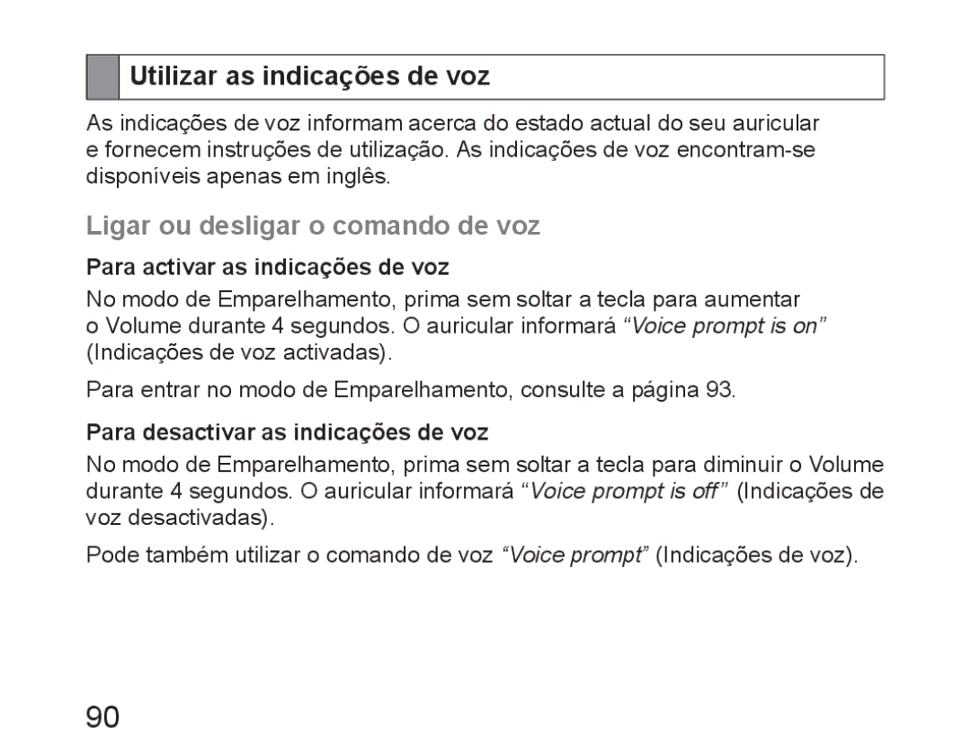 Samsung BHM6450EMEGHAT, BHM6450EMEGXET, BHM6450EMEGXEH Utilizar as indicações de voz, Ligar ou desligar o comando de voz 