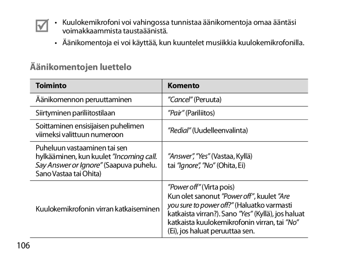 Samsung BHM7000EBECXEF, BHM7000EBECXEH, BHM7000EBECXEE, BHM7000EBRCSER manual Äänikomentojen luettelo, 106, Toiminto Komento 