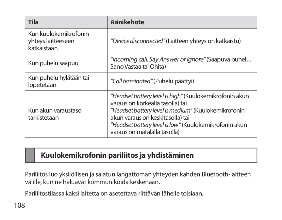 Samsung BHM7000EBECXEE, BHM7000EBECXEF, BHM7000EBECXEH, BHM7000EBRCSER Kuulokemikrofonin pariliitos ja yhdistäminen, 108 