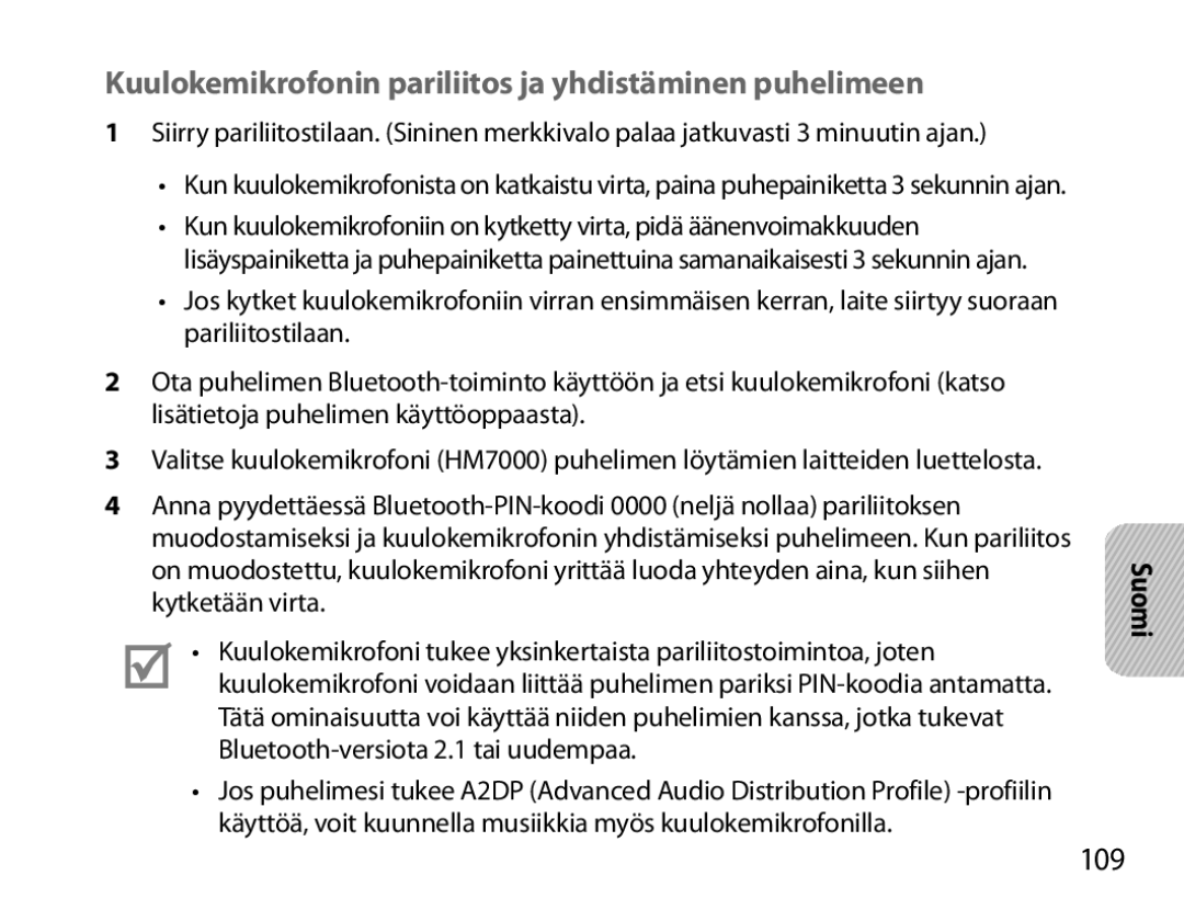 Samsung BHM7000EBRCSER, BHM7000EBECXEF, BHM7000EBECXEH manual Kuulokemikrofonin pariliitos ja yhdistäminen puhelimeen, 109 