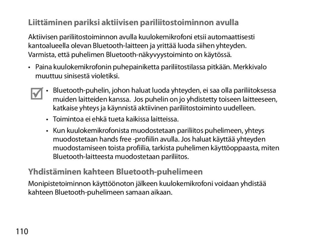 Samsung BHM7000EBECXEF, BHM7000EBECXEH, BHM7000EBECXEE manual Liittäminen pariksi aktiivisen pariliitostoiminnon avulla, 110 