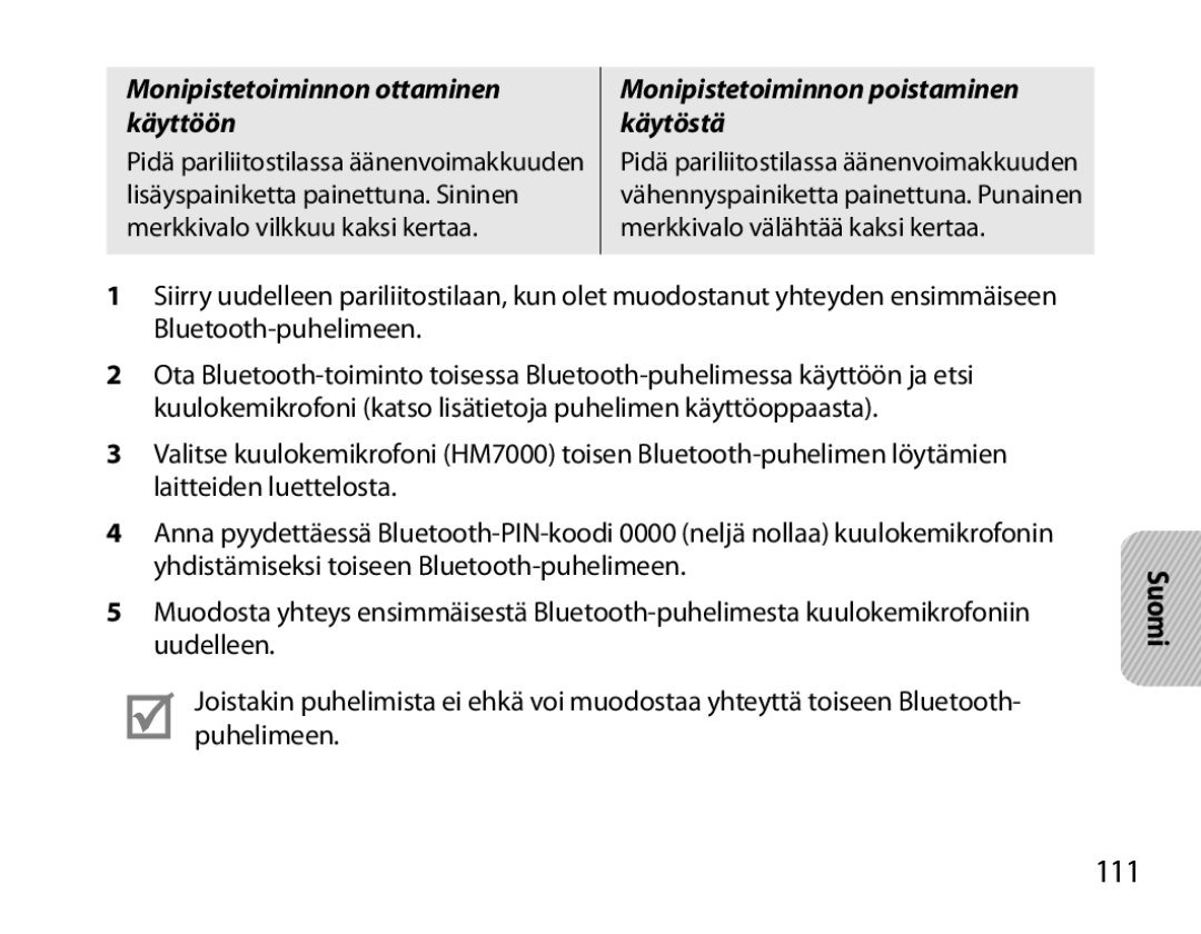 Samsung BHM7000EBECXEH, BHM7000EBECXEF, BHM7000EBECXEE, BHM7000EBRCSER manual 111, Monipistetoiminnon ottaminen käyttöön 