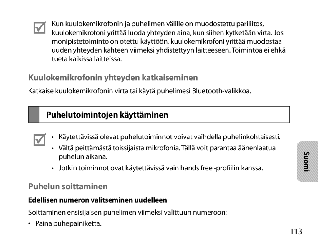 Samsung BHM7000EBRCSER Kuulokemikrofonin yhteyden katkaiseminen, Puhelutoimintojen käyttäminen, Puhelun soittaminen, 113 