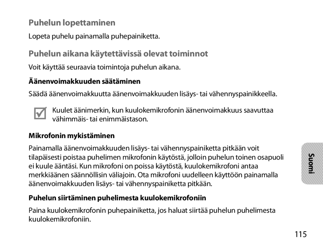 Samsung BHM7000EBECXEH, BHM7000EBECXEF manual Puhelun lopettaminen, Puhelun aikana käytettävissä olevat toiminnot, 115 