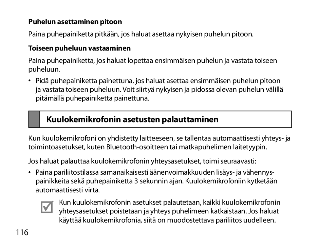 Samsung BHM7000EBECXEE, BHM7000EBECXEF manual Kuulokemikrofonin asetusten palauttaminen, 116, Puhelun asettaminen pitoon 