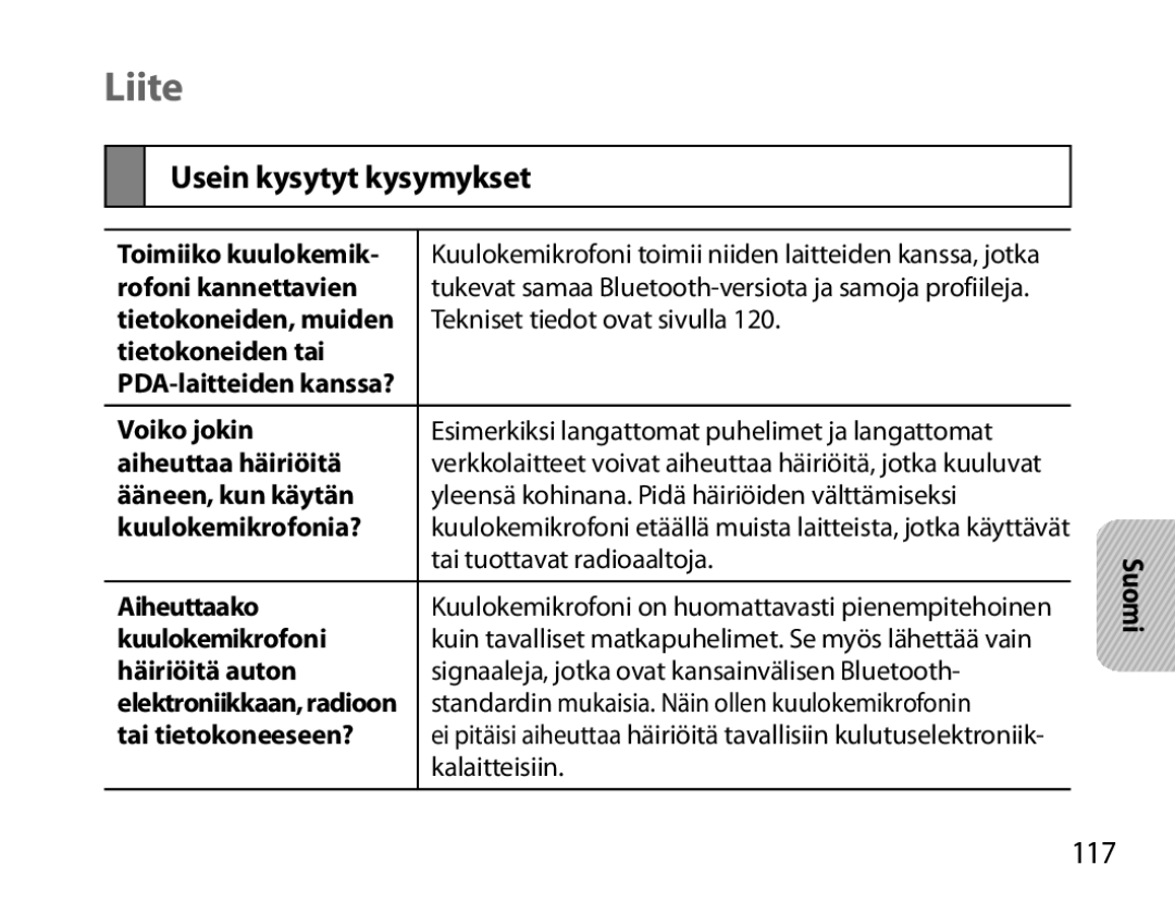 Samsung BHM7000EBRCSER, BHM7000EBECXEF, BHM7000EBECXEH, BHM7000EBECXEE manual Liite, Usein kysytyt kysymykset, 117 