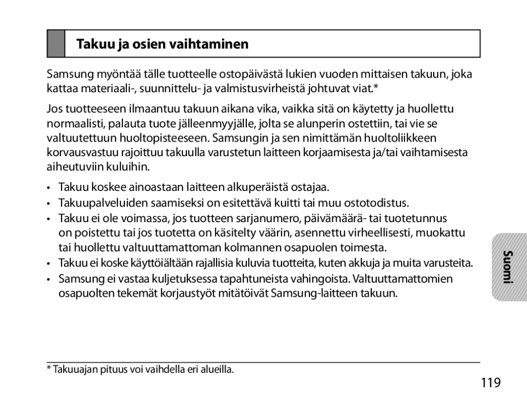 Samsung BHM7000EBECXEH, BHM7000EBECXEF, BHM7000EBECXEE, BHM7000EBRCSER manual Takuu ja osien vaihtaminen, 119 