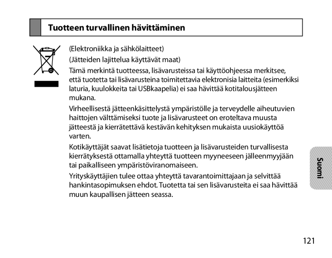 Samsung BHM7000EBRCSER, BHM7000EBECXEF, BHM7000EBECXEH, BHM7000EBECXEE manual Tuotteen turvallinen hävittäminen, 121 