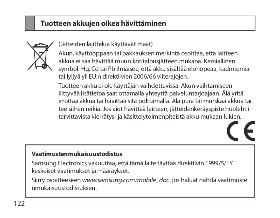 Samsung BHM7000EBECXEF, BHM7000EBECXEH manual Tuotteen akkujen oikea hävittäminen, 122, Vaatimustenmukaisuustodistus 