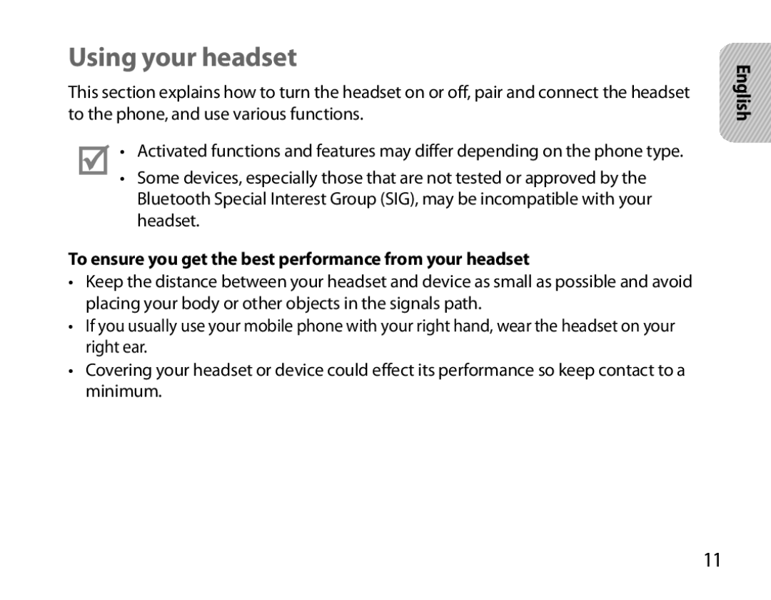 Samsung BHM7000EBECXEH, BHM7000EBECXEF manual Using your headset, To ensure you get the best performance from your headset 