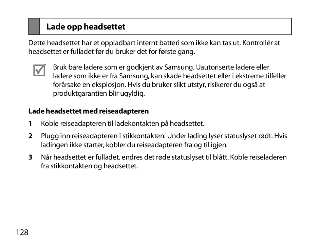 Samsung BHM7000EBECXEE, BHM7000EBECXEF, BHM7000EBECXEH manual Lade opp headsettet, 128, Lade headsettet med reiseadapteren 