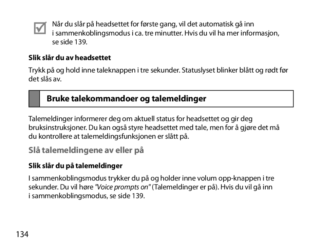 Samsung BHM7000EBECXEF, BHM7000EBECXEH manual Bruke talekommandoer og talemeldinger, Slå talemeldingene av eller på, 134 