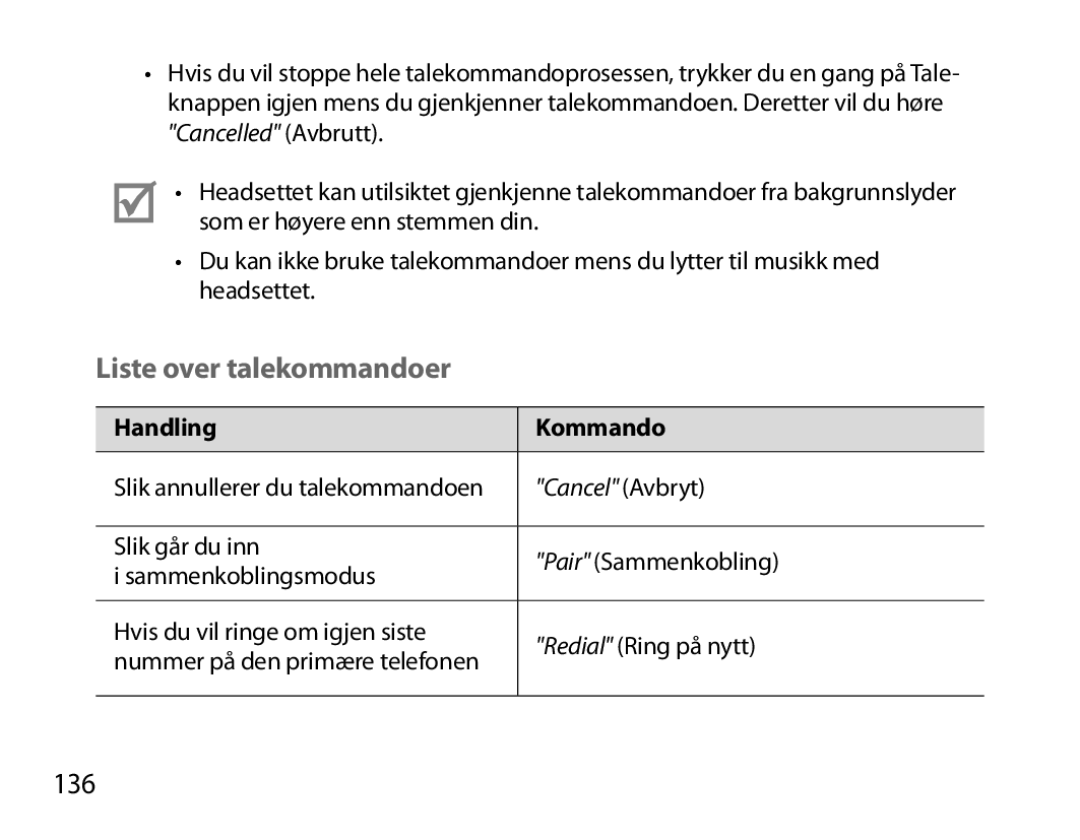 Samsung BHM7000EBECXEE, BHM7000EBECXEF, BHM7000EBECXEH, BHM7000EBRCSER manual Liste over talekommandoer, 136 